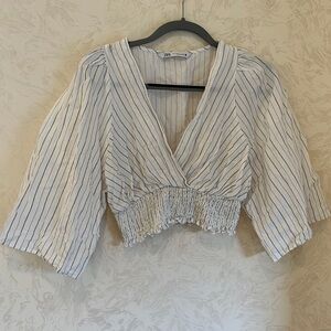 Zara White & Thin Black Striped V-Neck Crop Top Size S